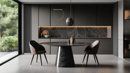 black kitchen table with black chairs  in the kitchen room