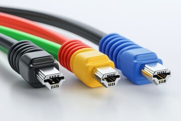Close up of red yellow and blue RCA connectors arranged side by side symbolizing multimedia technology audio visual connections and electronic communication systems