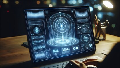 Fototapeta premium Hologram projection on a digital screen with different data and parameters.