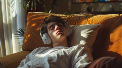 Obraz premium Relaxing young man with headphones enjoys music while resting on a cozy couch in a sunlit room. Comfort and tranquility defined.