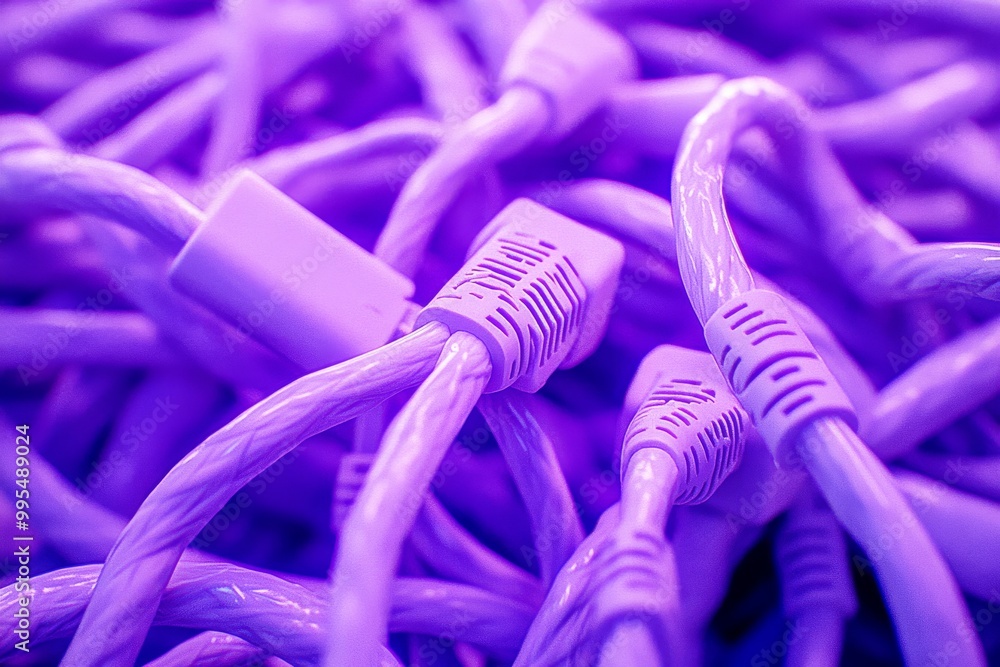 Poster purple glowing network cables tangled together symbolizing data transfer digital communication and s