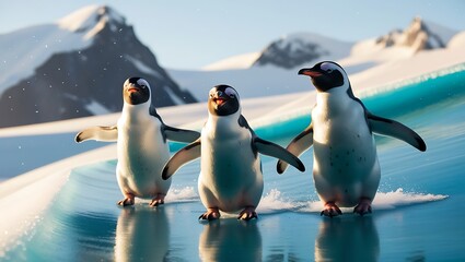 Fototapeta premium Whether you're looking to add a touch of winter wonder to your home or seeking a unique piece for your collection, this photograph of penguins sliding down an icy slope will captivate and inspire.