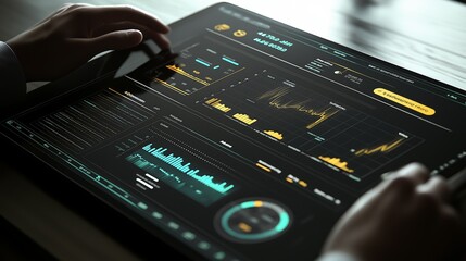 Futuristic budget planner interface showcasing real-time financial data and projections in an interactive holographic display