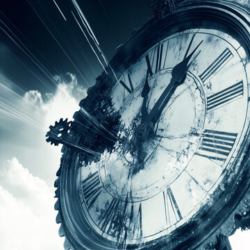 Vintage clock exploding with gears and fragments flying through the air, symbolizing the passage of time