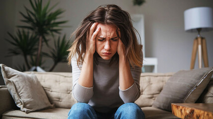 A photo of a woman with dispersed hair sitting on a sofa, looking upset. She is holding her head in her hands