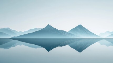 Tranquil mountain scene mirrored in calm water, with delicate hues and a minimalist design creating a peaceful, serene composition