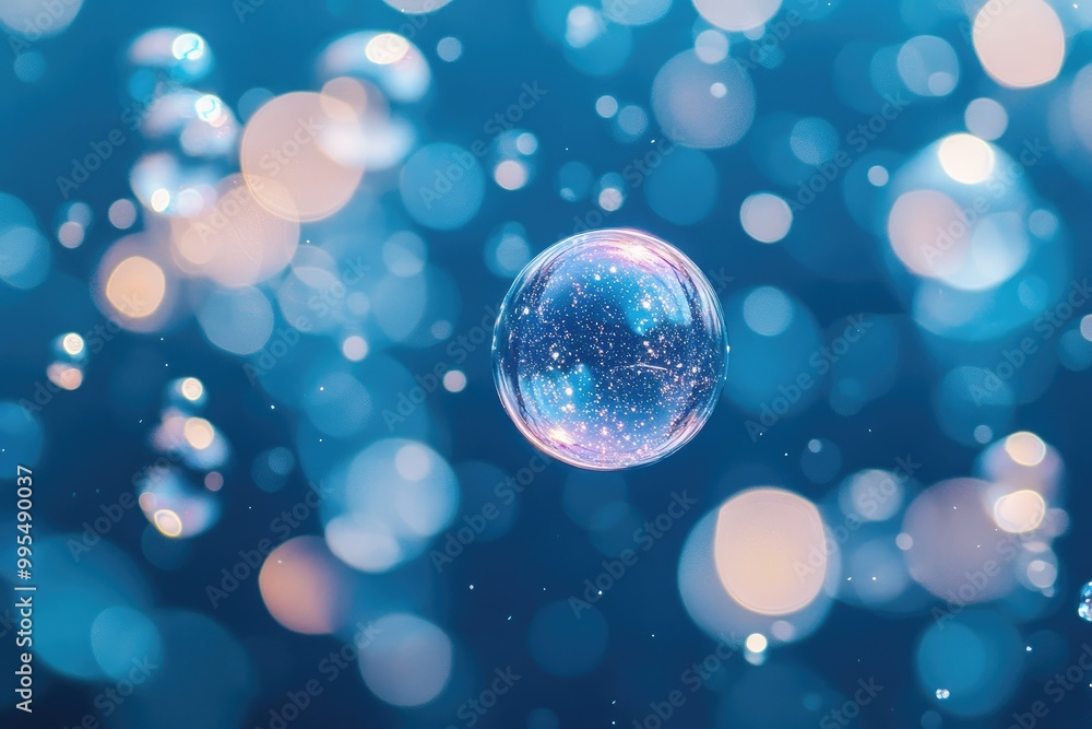 Poster a large iridescent bubble floats against a blue background with bokeh. it is a great image to use fo