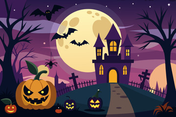 Ilustracion vectorial del dia de halloween con un castillo, calabazas, murcielagos y la luna