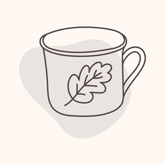 The cup is decorated with an oak leaf. Autumn icon in line style. Symbolic objects of fall.