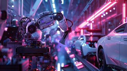 Advanced robotics in a neon-lit car factory showcasing automated manufacturing technology and modern automotive production.