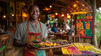 A waiter joyfully serves colorful dishes to customers in an inviting African restaurant with traditional decor