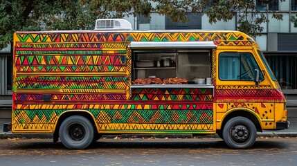 Vibrant African food truck serving traditional dishes in a bustling urban park during golden hour