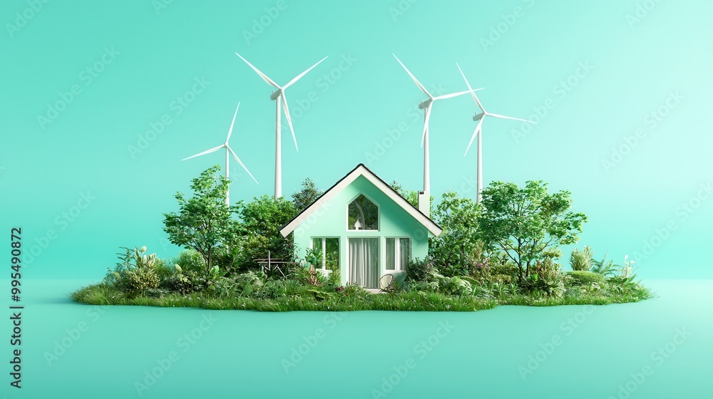 Poster Eco-Friendly House with Wind Turbines.