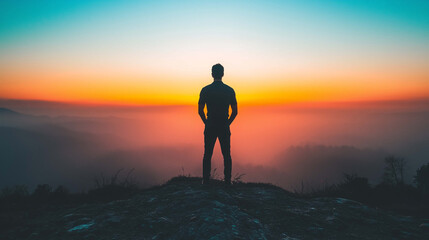 Stunning Silhouette of a Man Standing on a Hill as the Sun Sets in the Distance