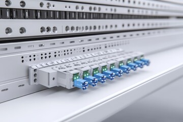 Rack mounted fiber optic panels with green indicator lights emphasizing data processing high speed connectivity and secure communication in a data center
