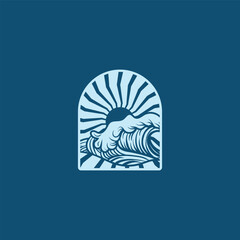 Summer beach sticker with a surfer theme. Emblem with sea wave surfboard and palm tree. Sticker or label or t-shirt print, emblem.
