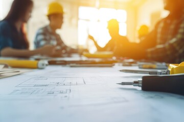 Obraz premium A collaborative workspace with blueprints and tools, highlighting teamwork in construction.