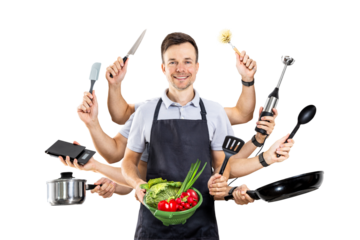 Man with Multiple Arms Holding Kitchen Equipment Isolated from Background