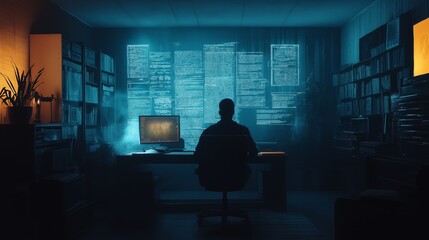 A creative writer brainstorming ideas with a holographic assistant in a futuristic workspace lit by soft blue glow