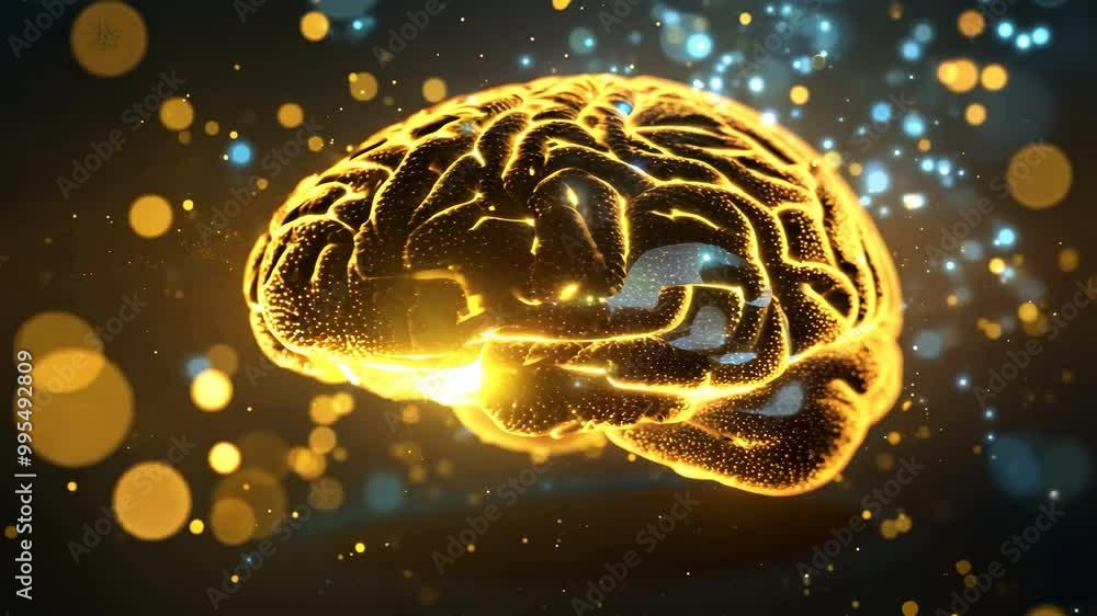 Poster a brain with a yellow glow surrounding it. the brain is surrounded by a blurry background with a lot