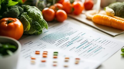 Close-up of DNA test results and personalized meal plan with fresh produce on a minimalist table