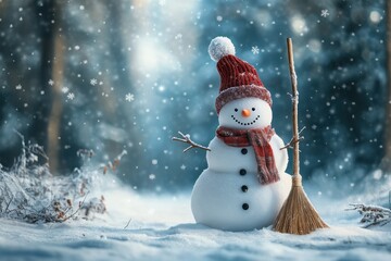 Fototapeta premium Snowman with red scarf and broom in snowy forest, winter holiday scene 