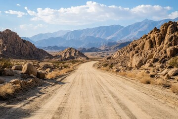 A winding dirt road leads through a desert landscape. The road leads to a mountain range in the distance, perfect for adventure and journey themes.