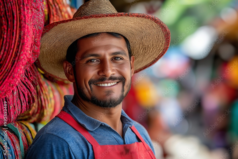 Aufkleber man wearing a straw hat and apron is smiling. he is standing in front of a wall with many hats on it