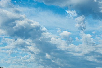 The image depicts a serene and expansive sky filled with a variety of fluffy, white clouds against a vibrant blue backdrop.