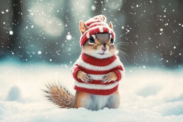 Cute cat wearing winter hat and sweater in snowy landscape, Christmas pet portrait
