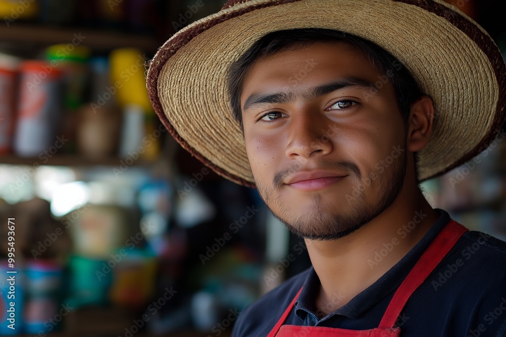 Aufkleber man wearing a straw hat and apron is smiling. he is standing in front of a wall with many hats on it