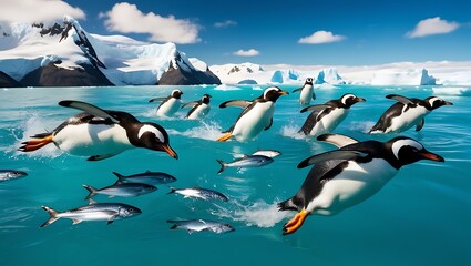 Obraz premium This image beautifully captures the joy and freedom of penguins as they playfully interact with one another beneath the shimmering surface. 