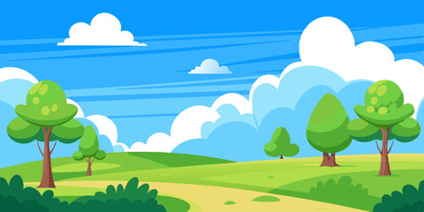 Obraz premium landscape of a open field with trees and blue sky with white clods.