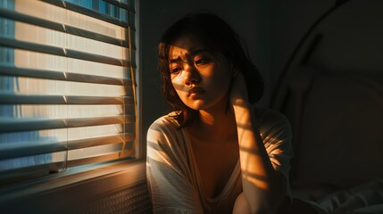 Fototapeta premium A Domestic violence: Asian woman sitting depressed alone in bedroom Feeling sad and disappointed in love In a dark bedroom and sunlight from the window coming through the blinds.