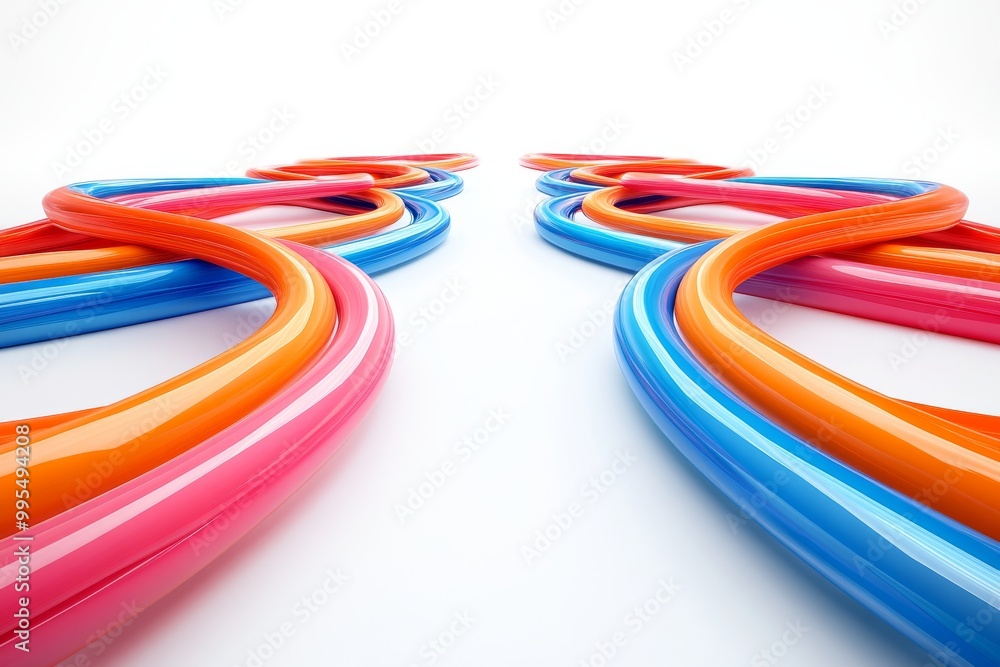 Poster bright red and blue network cables intertwined on a white background representing digital connectivi