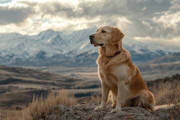 Golden Retriever sits on a rock. Perfect for websites or social media posts related to pets, nature, or adventure.