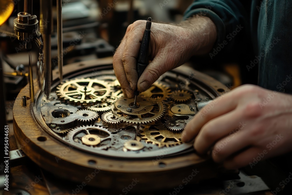 Poster a craftsman meticulously assembles intricate gears in a mechanical device.