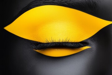 Woman's eye with yellow eyeliner. The eyeliner is drawn in a zigzag pattern. yellow and black, vivid, minimalist, beautiful face