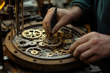 A craftsman meticulously assembles intricate gears in a mechanical device.
