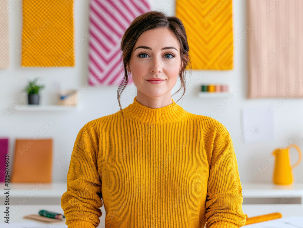 Poster a fashion designer uses ai-driven technology to create innovative fabric patterns, blending traditio