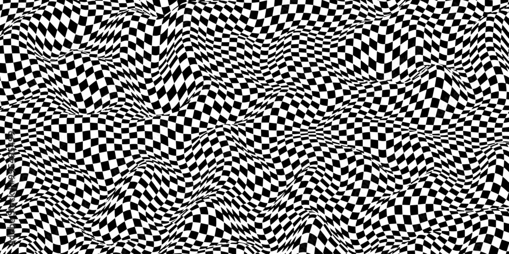 Poster wavy chessboard. chessboard pattern concept. wave distortion effect. vector illustration.