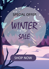 Flyer design winter discounts. Special offer on winter background. Vector illustration. Vertical format.