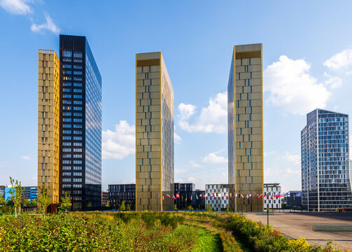 Luxembourg City, Luxembourg - Sept. 17, 2024: The three towers (left to right Rocca, Montesquieu and Comenius) of the Court of Justice of the European Union, the judicial institution of the EU.