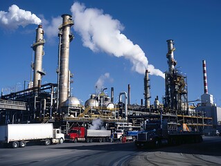 A large industrial facility with smoke stacks emitting steam, trucks unloading, showcasing a busy oil refinery scene under a clear blue sky.
