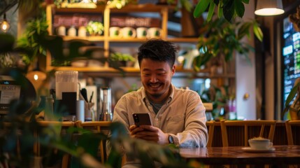 Fototapeta premium Smiling man enjoys coffee in cozy cafe while using his smartphone surrounded by green plants.