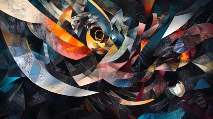 Complex and surreal abstract composition with sharp organic forms and intricate geometric patterns in modern colors