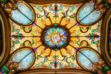 Detailed stained glass ceiling with vibrant blue and gold patterns in a grand interior
