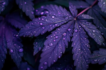 Close-up of Dewy Purple Cannabis Leaves