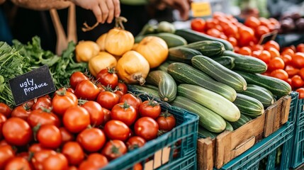 Discover deliciously imperfect fruits and vegetables at a vibrant farmers market bustling with shoppers on a sunny day