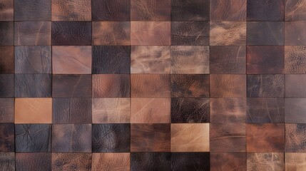 Fototapeta premium A textured arrangement of square wooden tiles in various shades of brown, creating a rustic and warm aesthetic.